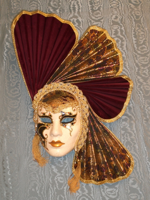 Maschera veneziana VENTAGLIO SEMPLICE DONNA volto cartapesta velluto bordeaux lamè oro-bordeaux