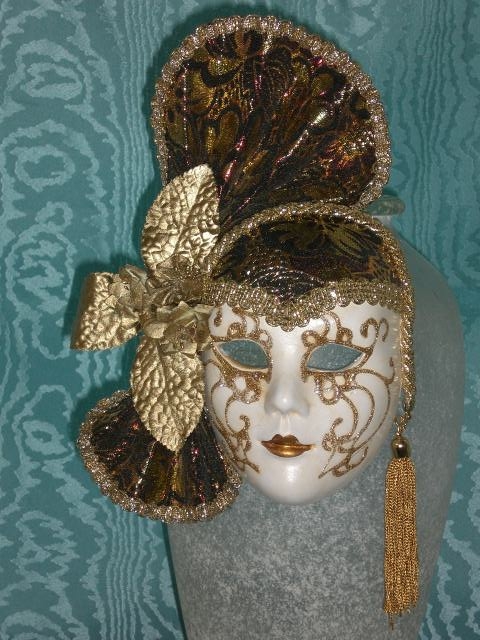 Maschera veneziana VENTAGLIO FIORE 3MIS. volto ceramica lamè oro-nero